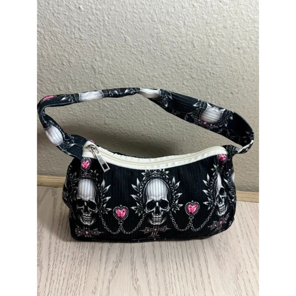 Y2K Mall Goth Skull Chain Print Mini Bag Corduroy Style Black Pink